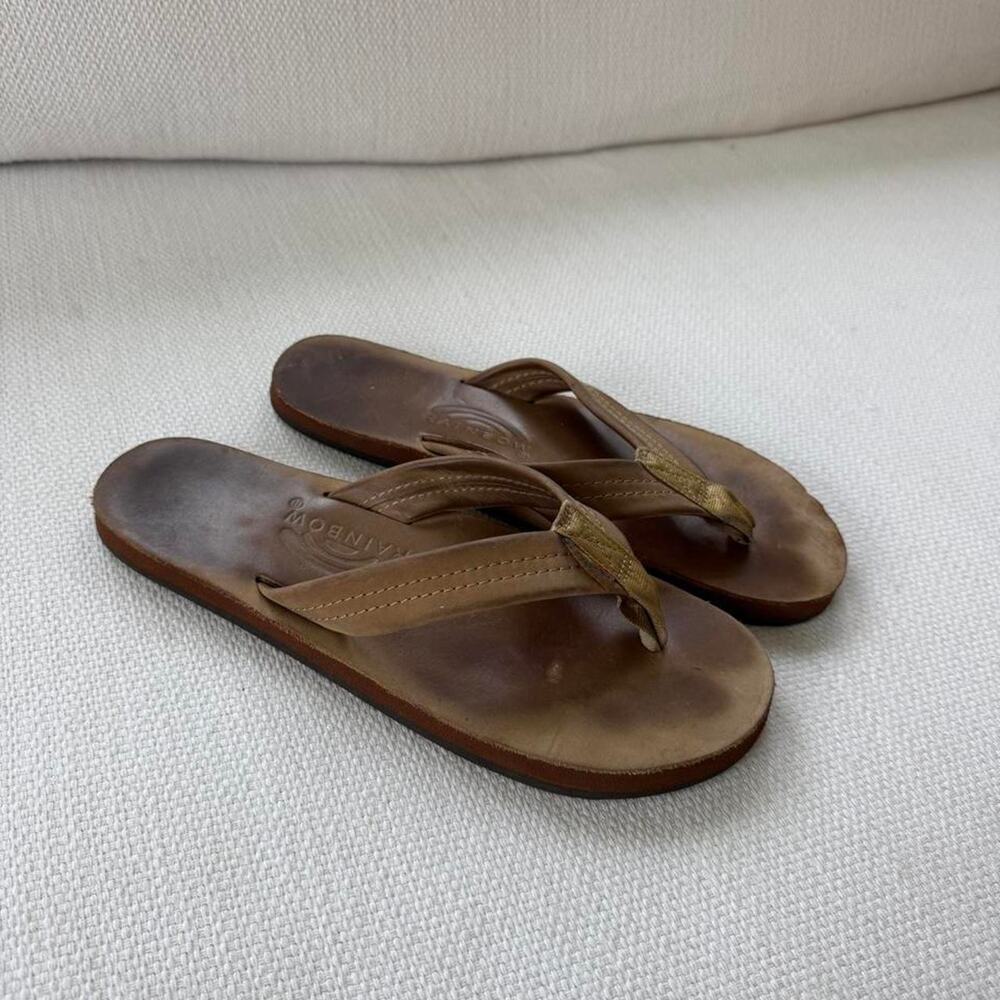 Rainbow brown leather flip flops